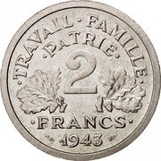 France 2 Francs Ax and Grain Sprigs 1943 KM# 904.1 TRAVAIL FAMILLE PATRIE 2 FRANCS 1943 coin reverse France 2 Francs Ax and Grain Sprigs 1943 KM# 904.1 TRAVAIL FAMILLE PATRIE 2 FRANCS 1943 coin reverse