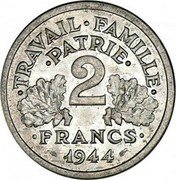 France 2 Francs Ax and Grain Sprigs 1944 B KM# 904.2 TRAVAIL FAMILLE PATRIE 2 FRANCS 1944 coin reverse France 2 Francs Ax and Grain Sprigs 1944 B KM# 904.2 TRAVAIL FAMILLE PATRIE 2 FRANCS 1944 coin reverse