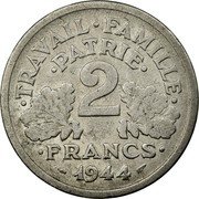 France 2 Francs Ax and Grain Sprigs 1944 C KM# 904.3 TRAVAIL FAMILLE PATRIE 2 FRANCS 1944 coin reverse France 2 Francs Ax and Grain Sprigs 1944 C KM# 904.3 TRAVAIL FAMILLE PATRIE 2 FRANCS 1944 coin reverse