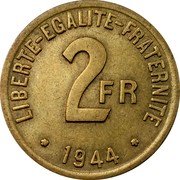 France 2 Francs Allied Occupation 1944 KM# 905 LIBERTE-EGALITE-FRATERNITE 2FR 1944 coin reverse France 2 Francs Allied Occupation 1944 KM# 905 LIBERTE-EGALITE-FRATERNITE 2FR 1944 coin reverse