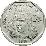 France 2 Francs 80th Anniversary of the Death of Georges Guynemer 1997 KM# 1187 GEORGES GUYNEMER 1894-1917 RF 1997 coin obverse France 2 Francs 80th Anniversary of the Death of Georges Guynemer 1997 KM# 1187 GEORGES GUYNEMER 1894-1917 RF 1997 coin obverse