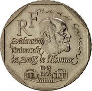 France 2 Francs 50th Anniversary of the Universal Declaration of Human Rights 1998 KM# 1213 RENÉ CASSIN RF DÉCLARATION UNIVERSELLE DES DROITS DE L'HOMME 1948 1998 coin obverse France 2 Francs 50th Anniversary of the Universal Declaration of Human Rights 1998 KM# 1213 RENÉ CASSIN RF DÉCLARATION UNIVERSELLE DES DROITS DE L'HOMME 1948 1998 coin obverse