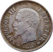 France 20 Centimes Napoleon III 1854 A KM# 778.1 NAPOLEON III EMPEREUR BARRE coin obverse France 20 Centimes Napoleon III 1854 A KM# 778.1 NAPOLEON III EMPEREUR BARRE coin obverse