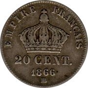 France 20 Centimes Napoleon III 1866 BB KM# 805.2 EMPIRE FRANÇAIS 20 CENT. 1866 BB coin reverse France 20 Centimes Napoleon III 1866 BB KM# 805.2 EMPIRE FRANÇAIS 20 CENT. 1866 BB coin reverse