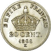 France 20 Centimes Napoleon III 1866 K KM# 805.3 EMPIRE FRANÇAIS 20 CENT. 1864 K coin reverse France 20 Centimes Napoleon III 1866 K KM# 805.3 EMPIRE FRANÇAIS 20 CENT. 1864 K coin reverse