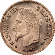 France 20 Centimes Napoleon III 1867 BB KM# 808.2 NAPOLEON III EMPEREUR BARRE coin obverse France 20 Centimes Napoleon III 1867 BB KM# 808.2 NAPOLEON III EMPEREUR BARRE coin obverse