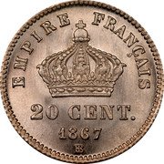 France 20 Centimes Napoleon III 1867 BB KM# 808.2 EMPIRE FRANÇAIS 20 CENT. 1867 BB coin reverse France 20 Centimes Napoleon III 1867 BB KM# 808.2 EMPIRE FRANÇAIS 20 CENT. 1867 BB coin reverse