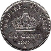 France 20 Centimes Napoleon III 1868 A KM# 808.1 EMPIRE FRANÇAIS 20 CENT. 1867 A coin reverse France 20 Centimes Napoleon III 1868 A KM# 808.1 EMPIRE FRANÇAIS 20 CENT. 1867 A coin reverse