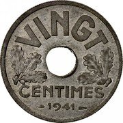 France 20 Centimes Grain Sprigs 1941 KM# 899 VINGT CENTIMES 1941 coin reverse France 20 Centimes Grain Sprigs 1941 KM# 899 VINGT CENTIMES 1941 coin reverse