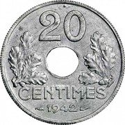 France 20 Centimes Grain Sprigs 1942 A KM# 900.1 20 CENTIMES 1941 coin reverse France 20 Centimes Grain Sprigs 1942 A KM# 900.1 20 CENTIMES 1941 coin reverse