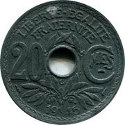 France 20 Centimes Phrygian Cap 1945 C KM# 907.3 LIBERTÉ.ÉGALITÉ FRATERNITE 20 CMES C 19 45 coin reverse