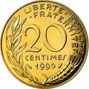 France 20 Centimes Marianne 1990 KM# 930 LIBERTE EGALITE FRATERNITE A.DIEUDONNE 20 CENTIMES 1990 coin reverse France 20 Centimes Marianne 1990 KM# 930 LIBERTE EGALITE FRATERNITE A.DIEUDONNE 20 CENTIMES 1990 coin reverse
