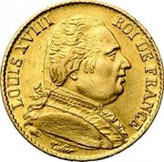 France 20 Francs Louis XVIII 1814 A KM# 706.1 LOUIS XVIII ROI DE FRANCE TIOLIER coin obverse France 20 Francs Louis XVIII 1814 A KM# 706.1 LOUIS XVIII ROI DE FRANCE TIOLIER coin obverse