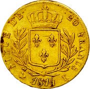 France 20 Francs Louis XVIII 1814 K KM# 706.3 PIECE DE 20 FRANCS 1814 K coin reverse France 20 Francs Louis XVIII 1814 K KM# 706.3 PIECE DE 20 FRANCS 1814 K coin reverse