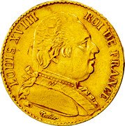 France 20 Francs Louis XVIII 1815 B KM# 706.2 LOUIS XVIII ROI DE FRANCE TIOLIER coin obverse France 20 Francs Louis XVIII 1815 B KM# 706.2 LOUIS XVIII ROI DE FRANCE TIOLIER coin obverse