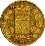 France 20 Francs Louis XVIII 1816 W KM# 712.9 20 F 1816 W coin reverse