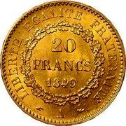 France 20 Francs Genius of Liberty 1849 A KM# 757 LIBERTÉ ÉGALITÉ FRATERNITÉ 20 FRANCS 1849 A coin reverse France 20 Francs Genius of Liberty 1849 A KM# 757 LIBERTÉ ÉGALITÉ FRATERNITÉ 20 FRANCS 1849 A coin reverse
