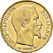 France 20 Francs Louis-Napoleon Bonaparte 1852 A KM# 774 LOUIS-NAPOLEON BONAPARTE BARRE coin obverse France 20 Francs Louis-Napoleon Bonaparte 1852 A KM# 774 LOUIS-NAPOLEON BONAPARTE BARRE coin obverse