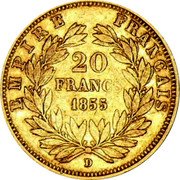 France 20 Francs Napoleon III 1855 D KM# 781.3 EMPIRE FRANÇAIS 20 FRANCS 1855 D coin reverse France 20 Francs Napoleon III 1855 D KM# 781.3 EMPIRE FRANÇAIS 20 FRANCS 1855 D coin reverse
