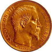 France 20 Francs Napoleon III 1859 A KM# 781.1 NAPOLEON III EMPEREUR BARRE coin obverse France 20 Francs Napoleon III 1859 A KM# 781.1 NAPOLEON III EMPEREUR BARRE coin obverse