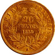 France 20 Francs Napoleon III 1859 A KM# 781.1 EMPIRE FRANCAIS 20 FRANCS 1854 A coin reverse France 20 Francs Napoleon III 1859 A KM# 781.1 EMPIRE FRANCAIS 20 FRANCS 1854 A coin reverse