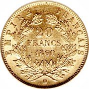 France 20 Francs Napoleon III 1860 BB KM# 781.2 EMPIRE FRANCAIS 20 FRANCS 1860 BB coin reverse France 20 Francs Napoleon III 1860 BB KM# 781.2 EMPIRE FRANCAIS 20 FRANCS 1860 BB coin reverse