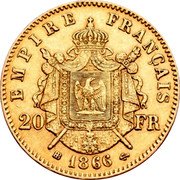 France 20 Francs Napoleon III 1866 BB KM# 801.2 EMPIRE FRANÇAIS 20 FR BB 1868 coin reverse France 20 Francs Napoleon III 1866 BB KM# 801.2 EMPIRE FRANÇAIS 20 FR BB 1868 coin reverse