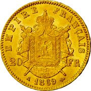 France 20 Francs Napoleon III 1869 A KM# 801.1 EMPIRE FRANÇAIS 20 FR 1868 A coin reverse France 20 Francs Napoleon III 1869 A KM# 801.1 EMPIRE FRANÇAIS 20 FR 1868 A coin reverse