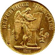 France 20 Francs Genius of Liberty 1898 A KM# 825 RÉPUBLIQUE FRANÇAISE DUPRÉ coin obverse France 20 Francs Genius of Liberty 1898 A KM# 825 RÉPUBLIQUE FRANÇAISE DUPRÉ coin obverse