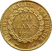 France 20 Francs Genius of Liberty 1898 A KM# 825 LIBERTÉ ÉGALITÉ FRATERNITÉ 20 FRANCS 1896 A coin reverse France 20 Francs Genius of Liberty 1898 A KM# 825 LIBERTÉ ÉGALITÉ FRATERNITÉ 20 FRANCS 1896 A coin reverse