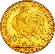 France 20 Francs Marianne. Rooster 1905 A KM# 847 LIBERTE EGALITE FRATERNITE 20 FCS 1905 coin reverse France 20 Francs Marianne. Rooster 1905 A KM# 847 LIBERTE EGALITE FRATERNITE 20 FCS 1905 coin reverse