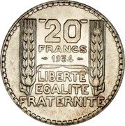 France 20 Francs Marianne 1934 (sl) KM# 879 20 FRANCS 1929 LIBERTE EGALITE FRATERNITE coin reverse France 20 Francs Marianne 1934 (sl) KM# 879 20 FRANCS 1929 LIBERTE EGALITE FRATERNITE coin reverse