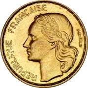 France 20 Francs Marianne. Without B 1951 4 plumes KM# 917.1 REPUBLIQUE FRANÇAISE G GUIRAUD coin obverse France 20 Francs Marianne. Without B 1951 4 plumes KM# 917.1 REPUBLIQUE FRANÇAISE G GUIRAUD coin obverse