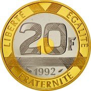 France 20 Francs Mont Saint Michel 1992 Proof KM# 1008.2b LIBERTÉ EGALITÉ 20F 1992 FRATERNITÉ coin reverse