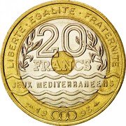France 20 Francs Mediteranian Games 1993 KM# 1016 LIBERTE EGALITE FRATERNITE 20 FRANCS JEUX MEDITERRANEENS 19 93 coin reverse France 20 Francs Mediteranian Games 1993 KM# 1016 LIBERTE EGALITE FRATERNITE 20 FRANCS JEUX MEDITERRANEENS 19 93 coin reverse