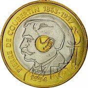 France 20 Francs Olympic Games. Pierre de Coubertin 1994 KM# 1036 PIERRE DE COUBERTIN 1863-1937 RF 1994 coin obverse France 20 Francs Olympic Games. Pierre de Coubertin 1994 KM# 1036 PIERRE DE COUBERTIN 1863-1937 RF 1994 coin obverse
