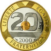France 20 Francs Mont Saint Michel 2000 KM# 1008.2 LIBERTÉ EGALITÉ 20F 1994 FRATERNITÉ coin reverse France 20 Francs Mont Saint Michel 2000 KM# 1008.2 LIBERTÉ EGALITÉ 20F 1994 FRATERNITÉ coin reverse