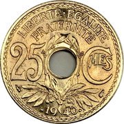 France 25 Centimes Phrygian Cap 1940 KM# 867b LIBERTÉ ÉGALITÉ FRATERNITÉ 25 CMES 1938 coin reverse
