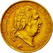 France 40 Francs Luis XVIII 1816 Q KM# 713.5 LOUIS XVIII ROI DE FRANCE. MICHAUT F. coin obverse France 40 Francs Luis XVIII 1816 Q KM# 713.5 LOUIS XVIII ROI DE FRANCE. MICHAUT F. coin obverse