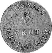 France 5 Centimes Louis XVIII Antwerp. Siege Coinage 1814 KM# 4.1 MONNAIE OBSIDIONALE 5 CENT. coin reverse