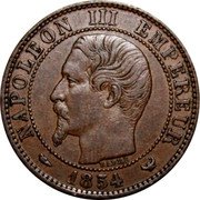 France 5 Centimes Napoleon III 1854 W KM# 777.7 NAPOLEON III EMPEREUR 1853 BARRE coin obverse France 5 Centimes Napoleon III 1854 W KM# 777.7 NAPOLEON III EMPEREUR 1853 BARRE coin obverse