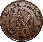 France 5 Centimes Napoleon III 1854 W KM# 777.7 EMPIRE FRANÇAIS W CINQ CENTIMES coin reverse France 5 Centimes Napoleon III 1854 W KM# 777.7 EMPIRE FRANÇAIS W CINQ CENTIMES coin reverse