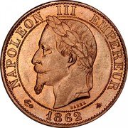 France 5 Centimes Napoleon III 1862 A KM# 797.1 NAPOLEON III EMPEREUR BARRE 1862 coin obverse France 5 Centimes Napoleon III 1862 A KM# 797.1 NAPOLEON III EMPEREUR BARRE 1862 coin obverse