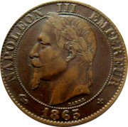 France 5 Centimes Napoleon III 1865 BB KM# 797.2 NAPOLEON III EMPEREUR BARRE 1861 coin obverse France 5 Centimes Napoleon III 1865 BB KM# 797.2 NAPOLEON III EMPEREUR BARRE 1861 coin obverse