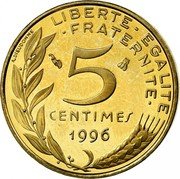 France 5 Centimes Liberty 1996 KM# 933 LIBERTE EGALITE FRATERNITE A.DIEUDONNE 5 CENTIMES 1996 coin reverse France 5 Centimes Liberty 1996 KM# 933 LIBERTE EGALITE FRATERNITE A.DIEUDONNE 5 CENTIMES 1996 coin reverse
