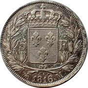 France 5 Francs Louis XVIII 1816 M KM# 711.9 5 F 1816 M coin reverse France 5 Francs Louis XVIII 1816 M KM# 711.9 5 F 1816 M coin reverse