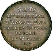 France 5 Francs Duchess D'Angouleme Visit to Paris Mint 1817 KM# M12 S A R MME DUCHESSE D'ANGOULEME VISITE LA MONNAIE DE PARIS LE 25 AVRIL 1817 coin reverse