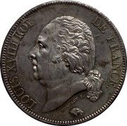 France 5 Francs Louis XVIII 1822 A KM# 711.1 LOUIS XVIII ROI DE FRANCE. MICHAUT F. coin obverse