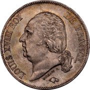 France 5 Francs Louis XVIII 1823 L KM# 711.8 LOUIS XVIII ROI DE FRANCE. MICHAUT F. coin obverse France 5 Francs Louis XVIII 1823 L KM# 711.8 LOUIS XVIII ROI DE FRANCE. MICHAUT F. coin obverse