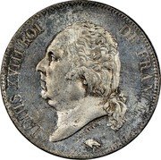 France 5 Francs Louis XVIII 1824 MA KM# 711.10 LOUIS XVIII ROI DE FRANCE. MICHAUT F. coin obverse France 5 Francs Louis XVIII 1824 MA KM# 711.10 LOUIS XVIII ROI DE FRANCE. MICHAUT F. coin obverse